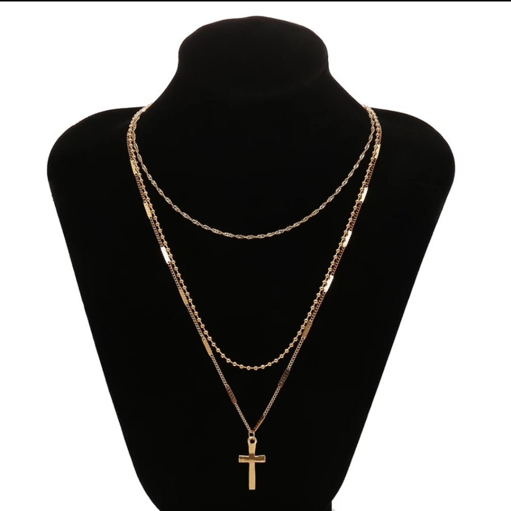 Goldtone Layered Cross Necklace - Picture 2 of 8